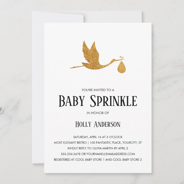 Einfache Baby Sprinkle Imitats Gold Foil Stork w B Einladung (Vorderseite)