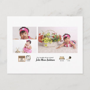 Einfache BABY STATS Ankündigung von Foto Collage Postkarte