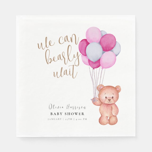 Einfache Baby Wait Bear Pink Ballon Babydusche Serviette (Vorderseite)