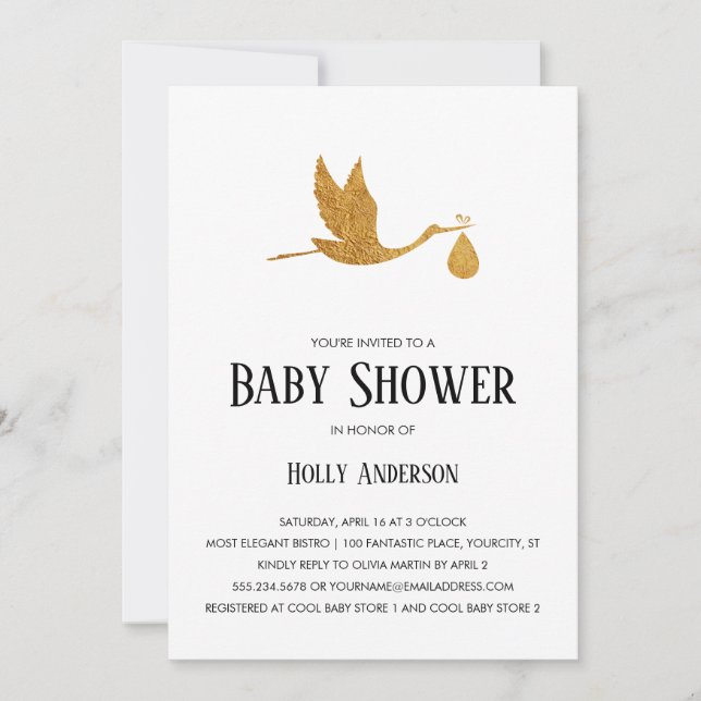 Einfache Babydusche Imitate Gold Foil Storch mit B Einladung (Vorderseite)