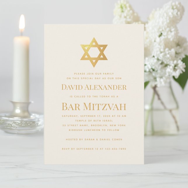 Einfache Bar oder Bat Mizwa Gold Davidstern Elfenb Einladung (Von Creator hochgeladen)