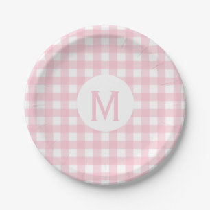 Einfache Basic Baby Pink Gingham Monogram Pappteller