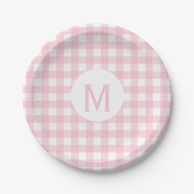Einfache Basic Baby Pink Gingham Monogram Pappteller (Vorderseite)