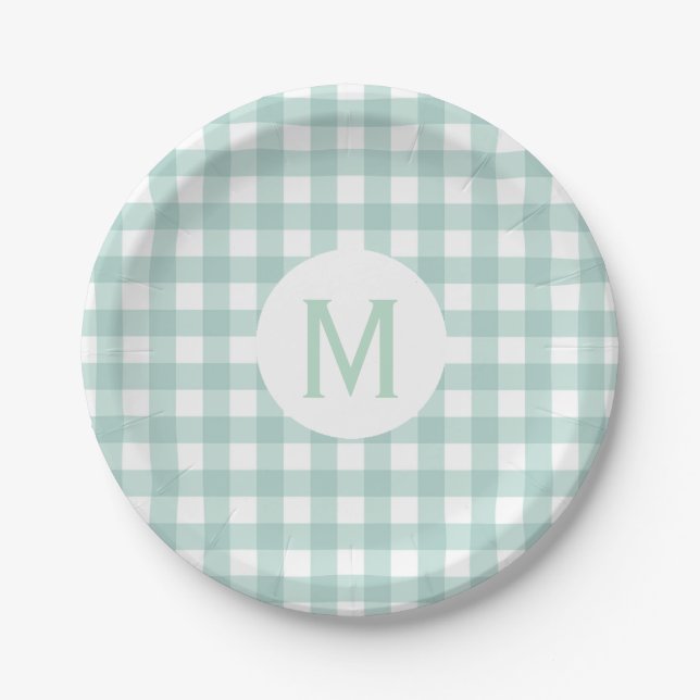 Einfache Basissage Green Gingham Monogram Pappteller (Vorderseite)