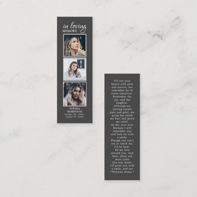 Einfache Beerdigung 3 Foto Beileid Grau Gebetskart Mini Visitenkarte (Vorne/Hinten)