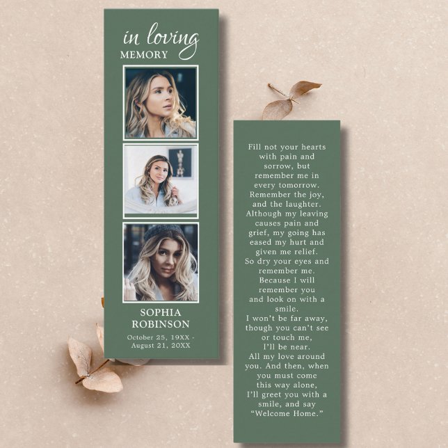 Einfache Beerdigung 3 Foto Sage Green Prayer Card Mini Visitenkarte (Von Creator hochgeladen)