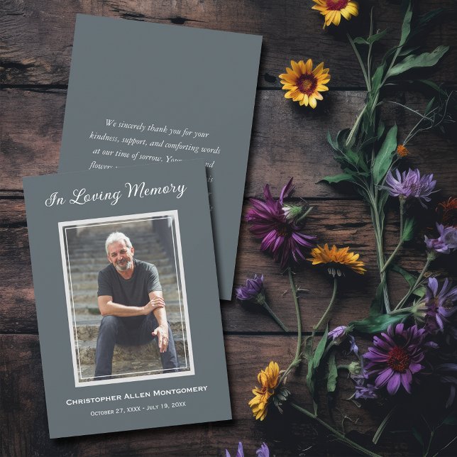 Einfache Beerdigung Foto Beileid Memorial Mitteilungskarte (Simple steel blue funeral photo flat thank you notes with your message on the back)