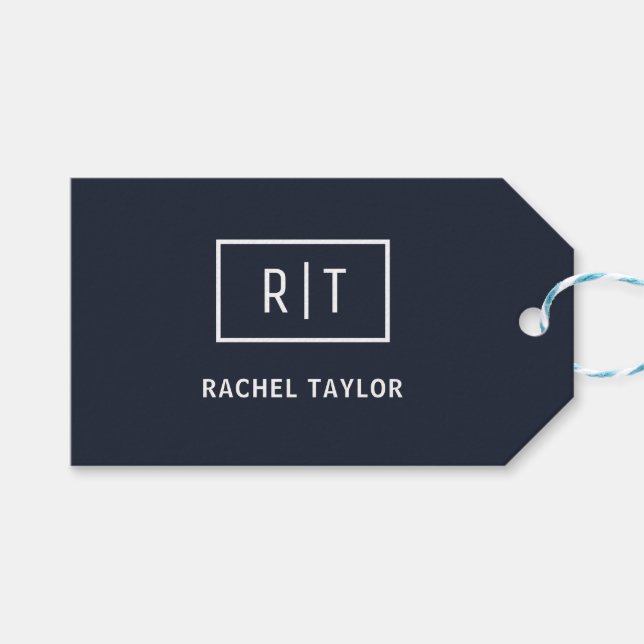 Einfache Berufliche Monogram Navy White Border Geschenkanhänger (Vorderseite (Horizontal))