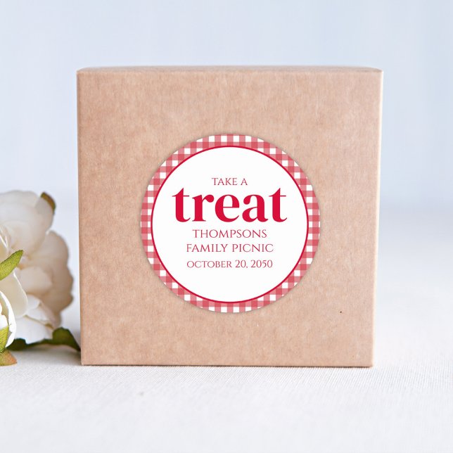 Einfache Bevorzugung Moderner Roter Gingham Picnic Runder Aufkleber (Von Creator hochgeladen)