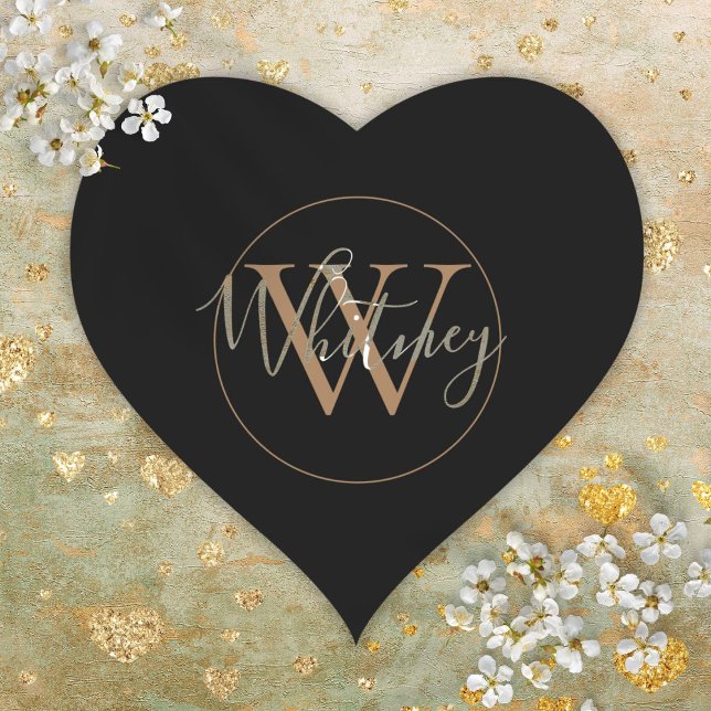 Einfache Bezeichnung für Schwarz-Gold-Script Herz-Aufkleber (Simple Black and Gold Script Monogram Name Heart Sticke)