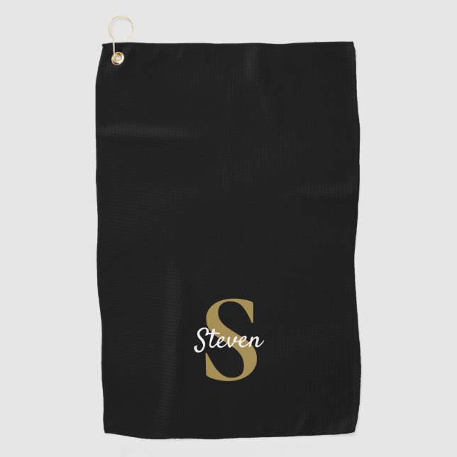 Einfache Bezeichnung für Schwarz und Gold Monogram Golfhandtuch (Vorderseite)