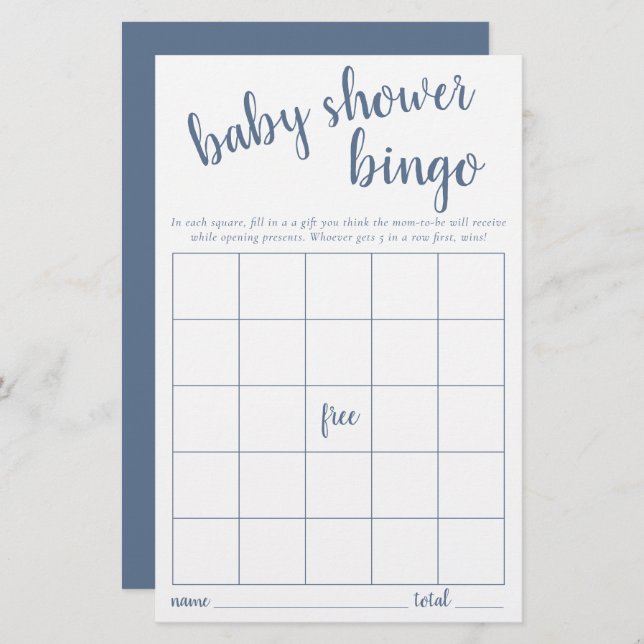 Einfache Bingokarte | Dusty Blue Baby Showgame (Vorne/Hinten)