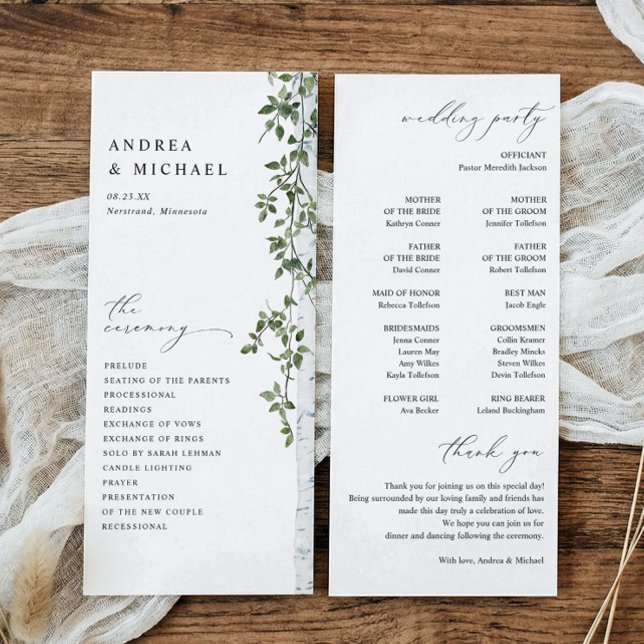 Einfache Birch Tree Greenerity Foliage Hochzeit Programm (Birch or aspen tree wedding programs - outdoor greenery wedding.)