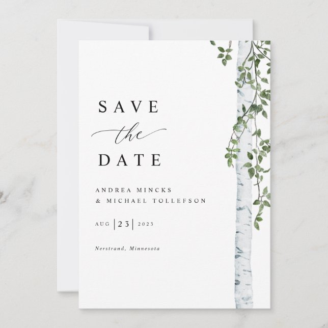 Einfache Birkenhochzeit Save The Date (Vorderseite)