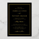 Einfache Black Gold Hochzeit Folieneinladung<br><div class="desc">Einfache Einladung zum Hochzeitsfeiern. Einfach und stilvoll präsentiert sich diese formelle Hochzeitseinladung mit einem eleganten,  dreilagigen Rahmen und einem eleganten Kalligraphieskript,  das in echter Goldfolie gepresst wird.</div>