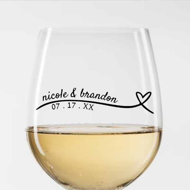 Einfache Black Heart Line Hochzeit Weinglas Ohne Stiel (Simple White & Black Heart Wedding Stemless Wine Glass)