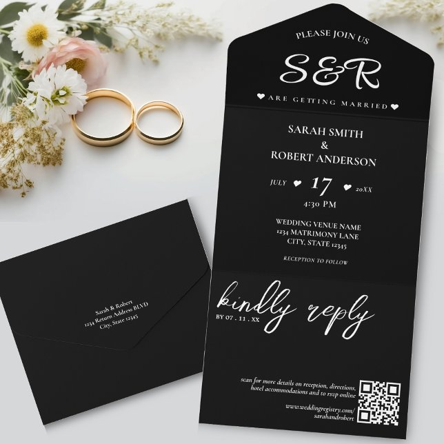 Einfache Black QR Code Hochzeit All In One Einladung (Simple Black QR Code Wedding All In One Invitation)