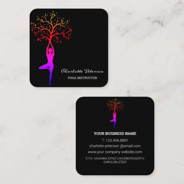 Einfache Black Yoga Instructor Business Card Quadratische Visitenkarte (Vorne/Hinten)