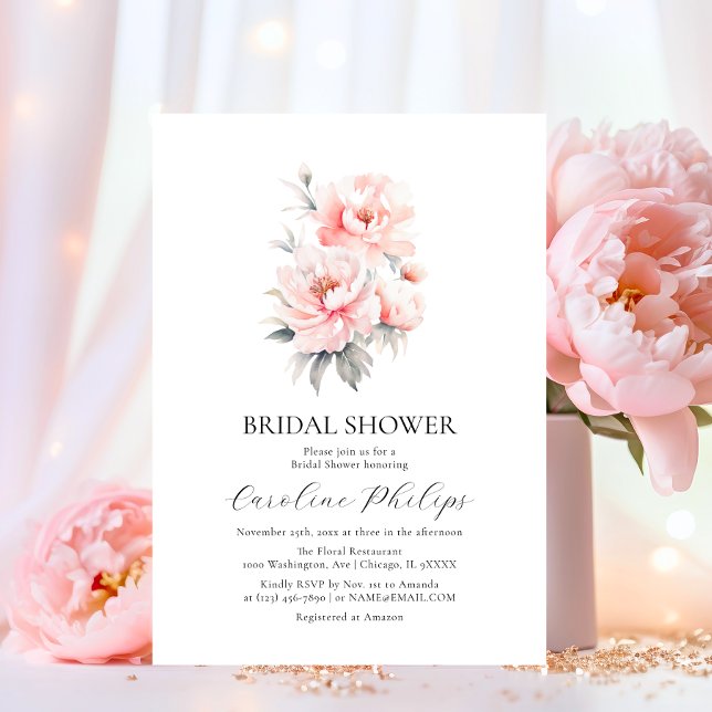 Einfache Bläschen Blush Pink BRAUTPARTY Einladung (Simple Floral Peonies Blush Pink BRIDAL SHOWER Invitation)