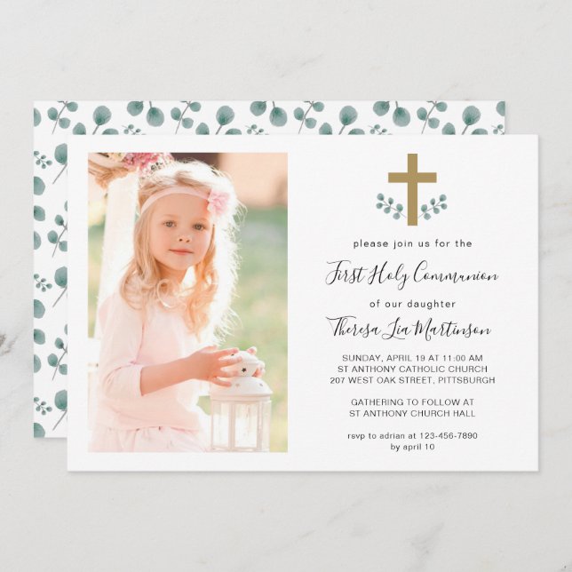 Einfache Blätter mit Foto der Kreuzheiligen Kommun Einladung (Vorne/Hinten)