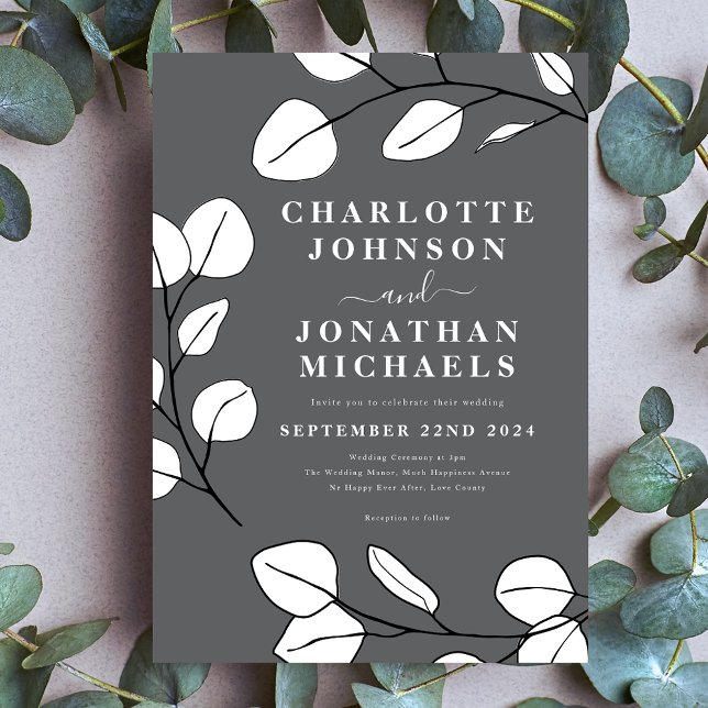 Einfache Blätter Modernes, stilvolles Grau Einladung (Simple leaves stylish modern gray black and white wedding invitation)