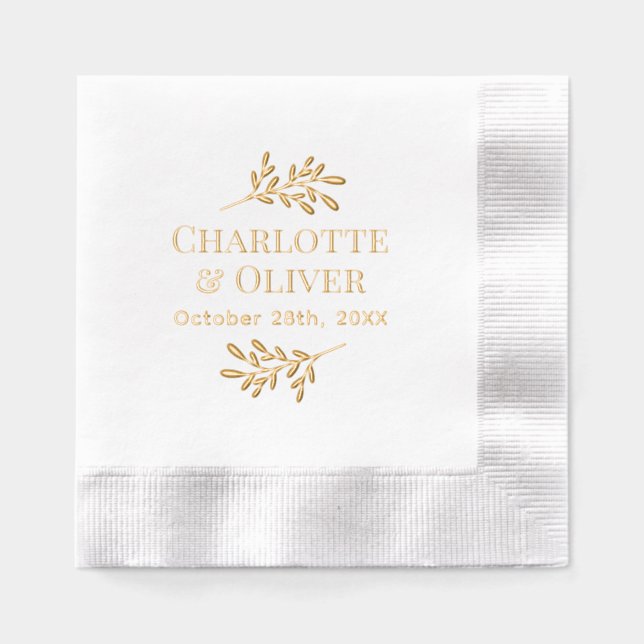 Einfache Blätterzweige Couple Names Datum #2 R Servietten Mit Folie (Vorderseite)