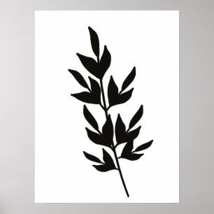 Einfache Blattzweig-Linienkunst Schwarz Weiß Poster