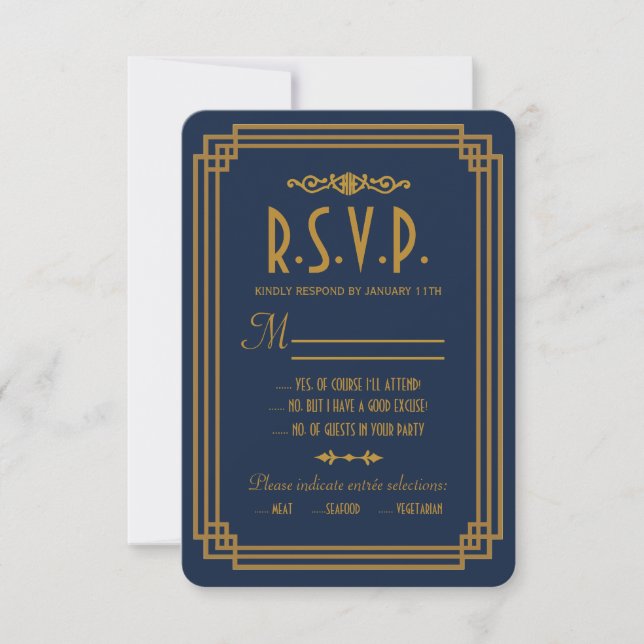 Einfache blaue Art Deco-Hochzeit-RSVP-Karten RSVP Karte (Vorderseite)