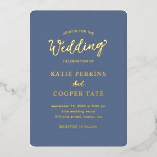 Einfache, blaue, fette Schriftart Moderne Hochzeit Folieneinladung