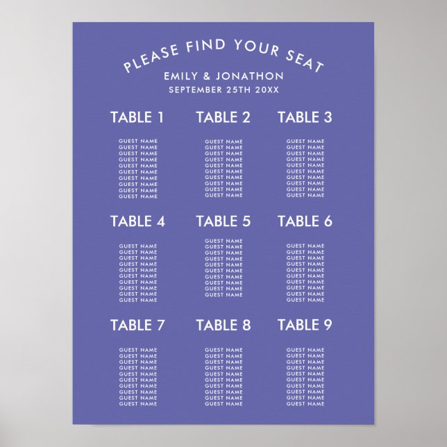Einfache blaue Hochzeitstabelle Poster (Vorne)