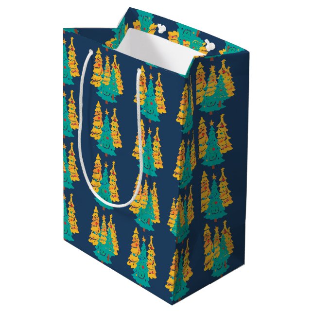 Einfache blaue Retro-Weihnachtskiefer Muster Mittlere Geschenktüte (Rückseite Schrägansicht)