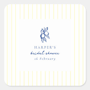 Einfache blaue und gelbe Zitronen Hochzeitsdusche  Quadratischer Aufkleber