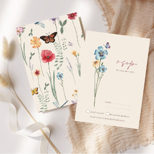 Einfache blaue Wildblumen-Schmetterling-Hochzeits- RSVP Karte