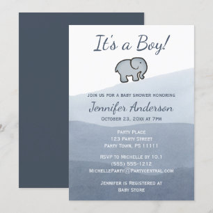 Einfache Blue Elephant Watercolor Boy Baby Dusche Einladung