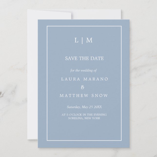 Einfache Blue Formal Monogram Wedding Save The Date (Vorderseite)