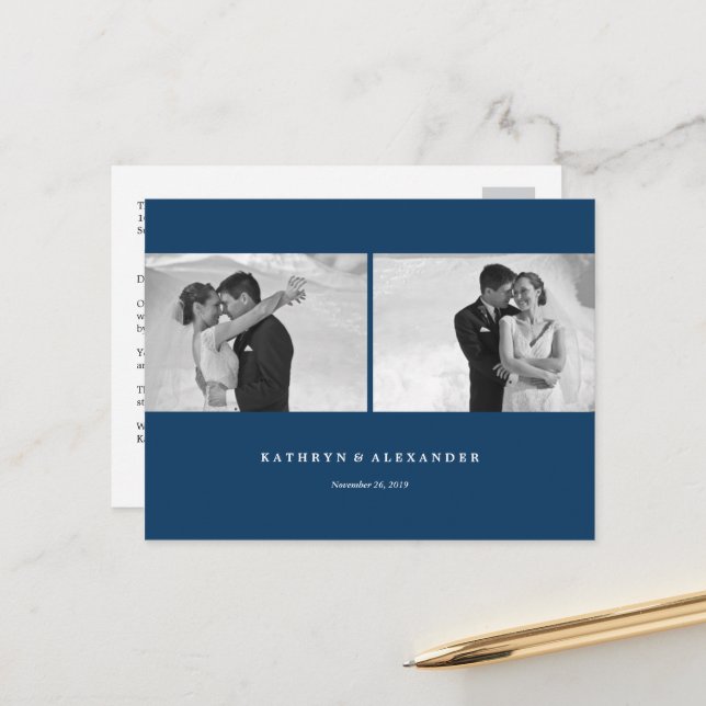Einfache Blue Frame Hochzeit Vielen Dank 2 Foto Postkarte (Vorderseite/Rückseite Beispiel)