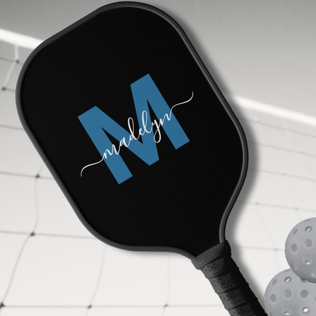 Einfache Blue Letter Name Monogram Pickleball Schläger (Simple Black Blue Letter Name Monogram Pickleball Paddle)