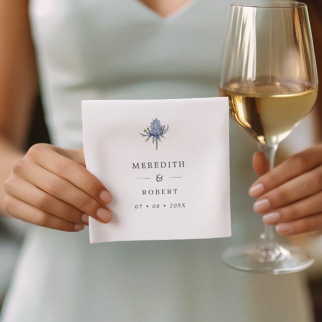 Einfache Blue Watercolor Thistle Wedding Names Serviette (Von Creator hochgeladen)