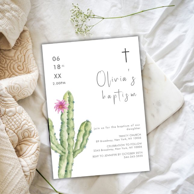 Einfache Blume des Aquarellktus Einladung (Simple Watercolor Cuctus Flower Cross Baptism Invitation)