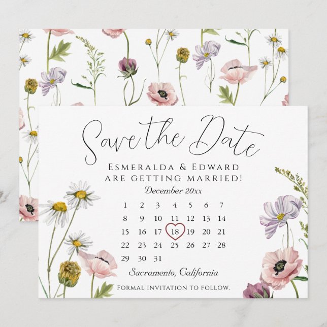 Einfache Blume Hochzeitskalender Save the Date (Vorne/Hinten)