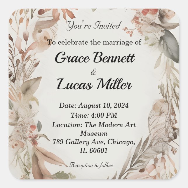 Einfache blumengemalte weiche Hochzeitseinladung Quadratischer Aufkleber (Vorderseite)