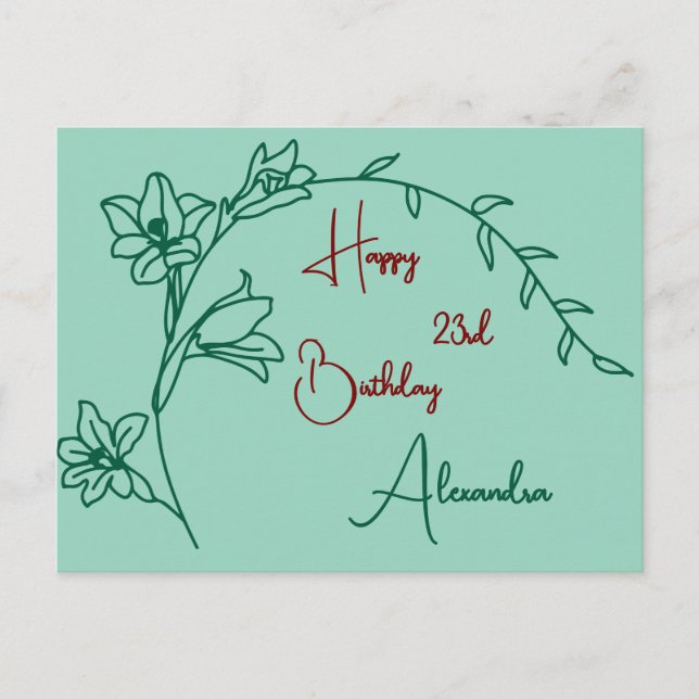 Einfache Blumengrün und Maroon Age Geburtstag Postkarte (Vorderseite)