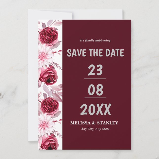 Einfache Blumenrosa Burgundy-Schrift Save the Date (Vorderseite)