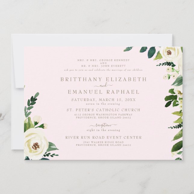 Einfache Blush & Gold Bloral Beide Eltern Hochzeit Einladung (Vorderseite)