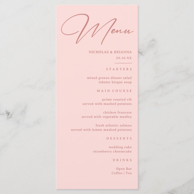 Einfache Blush Pink-Hochzeit Menükarte (Vorderseite)
