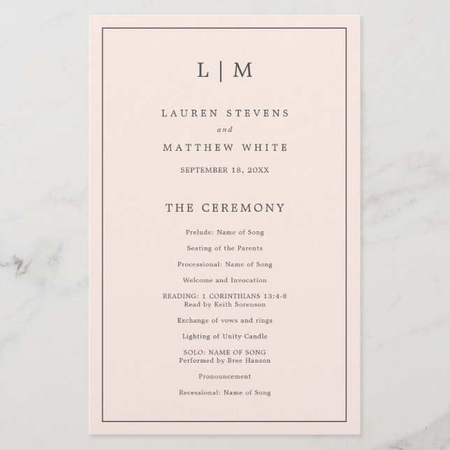 Einfache Blush Pink Monogram Elegant Wedding Progr (Vorderseite)