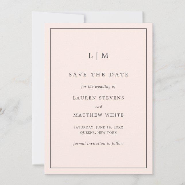Einfache Blush Pink Monogram Elegante Hochzeit Save The Date (Vorderseite)