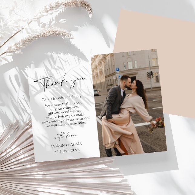 Einfache Blush Script Foto Hochzeit Vielen Dank Postkarte (Simple Pink Script Photo Wedding Thank You Postcard)