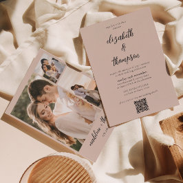 Einfache Boho Beige Script Foto QR Code Hochzeit Einladung