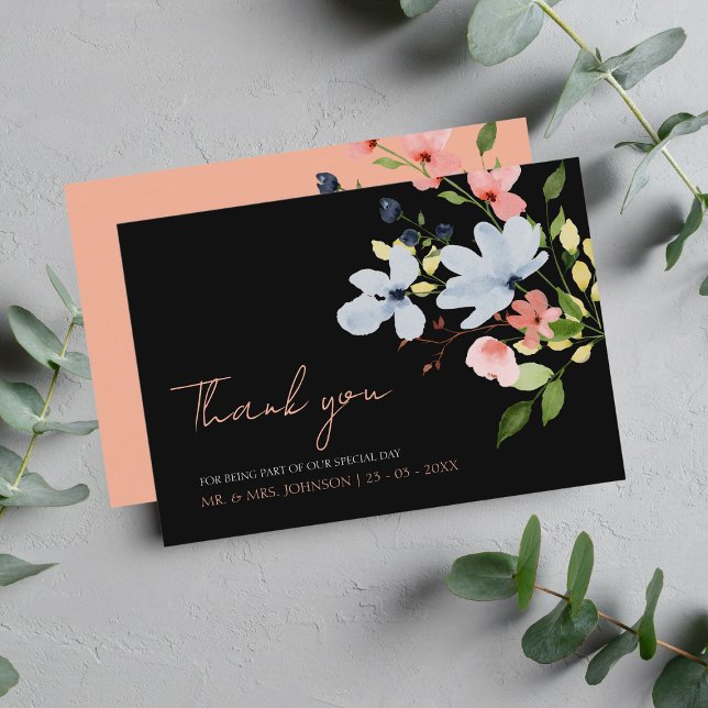 Einfache Boho Black and Pink Floral Wedding Dankeskarte (Von Creator hochgeladen)